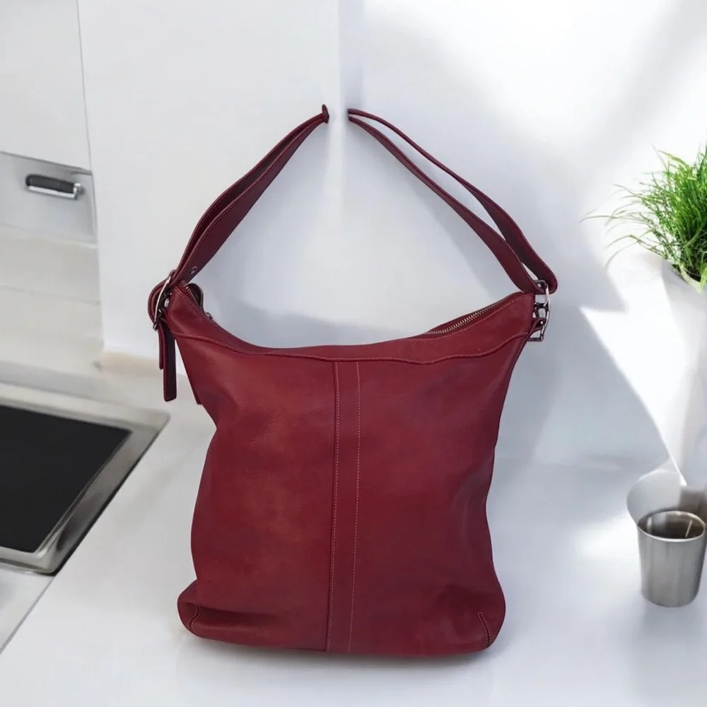 Coach Red Leather Zipper Closure Large Tote Crossbody Shoulder Bag - Vintage